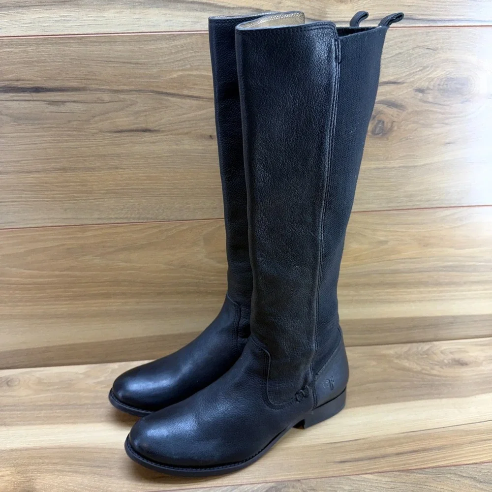 Frye Molly Tall Stretch Boots Womens 7 B Black Leather Equestrian Riding Sleek